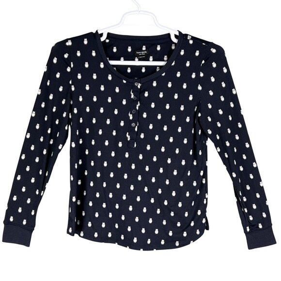Kate Spade Womens S Navy Blue Owl Henley Jogger PJ Set Long Sleeves Button Front - Picture 3 of 16
